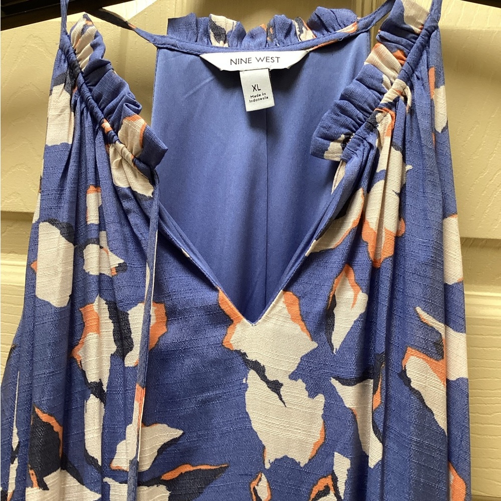 Nine West tiered peasant maxi dress, size XL, blue, orange, white. 338
